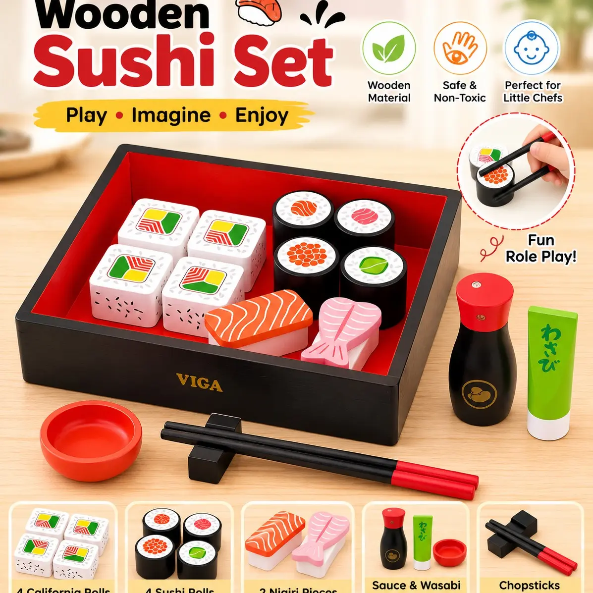 15-Piece Wooden Sushi Play Set, Includes Maki, Sashimi, Nigiri, Soy Sauce, Wasabi, Chopsticks, Realistic Japanese Food Role Play Toy for Kids