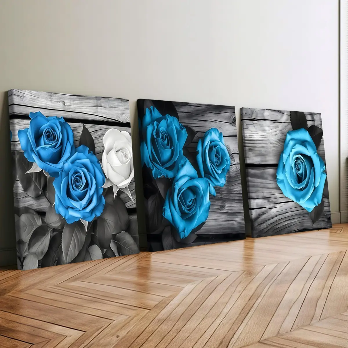 3-Piece Wood Frame Canvas Art, Blue Rose Floral Trio Poster, Modern Home Decor, Waterproof, Durable, for Bedroom, Living Room, Office