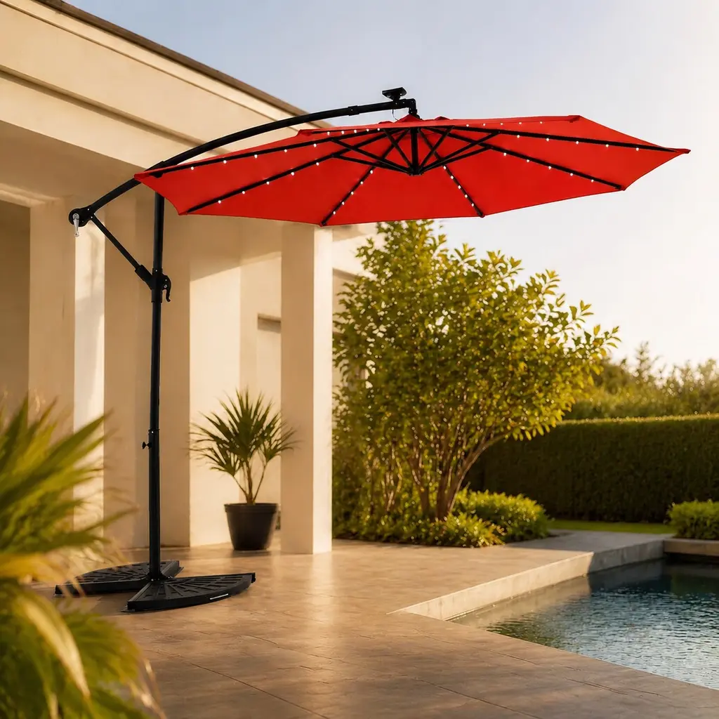 ARCH 10ft Cantilever Solar LED Hanging Patio Umbrella - Retractable Sun Protection Canopy, 40 LED Lights, Adjustable Tilt, Rust-Resistant Sturdy Steel Frame, Orange, Heavy Duty for Garden, Deck (No Base)