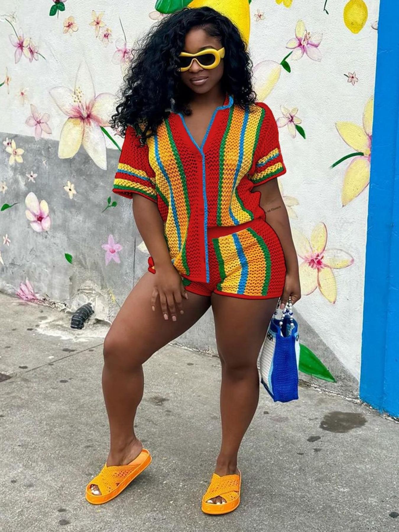 Women's Colorblock Striped Print Short Sleeve Knit Top & Shorts Two-piece Set, Casual Vneck Shortsleeve Knit Top & Shorts for Summer, Ladies Matching Clothes for Daily Wear, Women's 2 Piece Sets, Loose Womenswear, Cute Two Piece Sets, Everyday