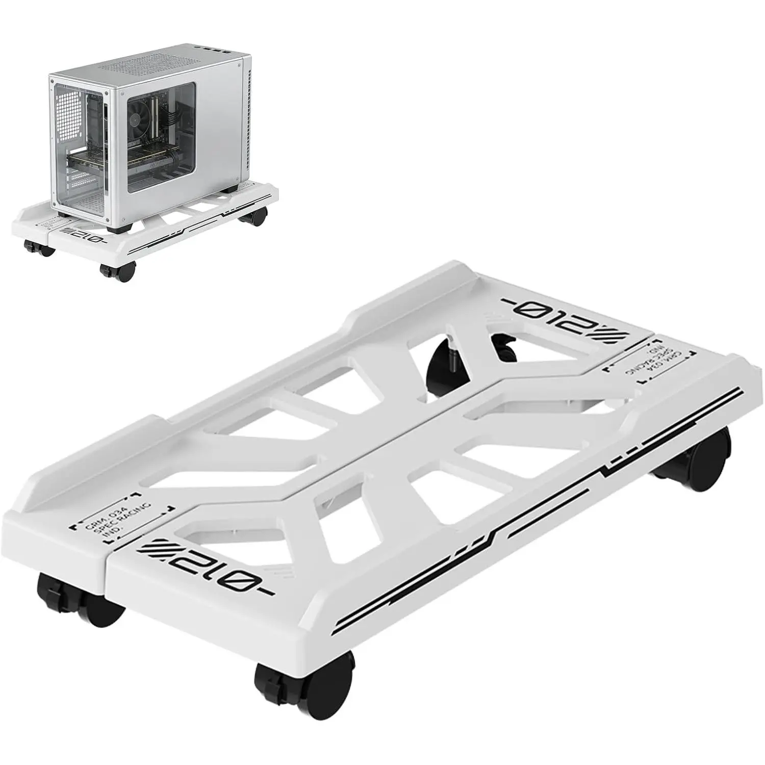 Adjustable Ventilated CPU Stand on Wheels: Mobile PC Tower Floor Cart with 4 Locking Caster Wheels, Universal Rolling Computer Holder & Under Desk Riser for Gamers, Students, Home Office (White)