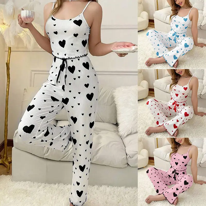 Women's Pajamas New Style, Love-themed print Cami Long Pants Sleepwear Home Set, 2pcs