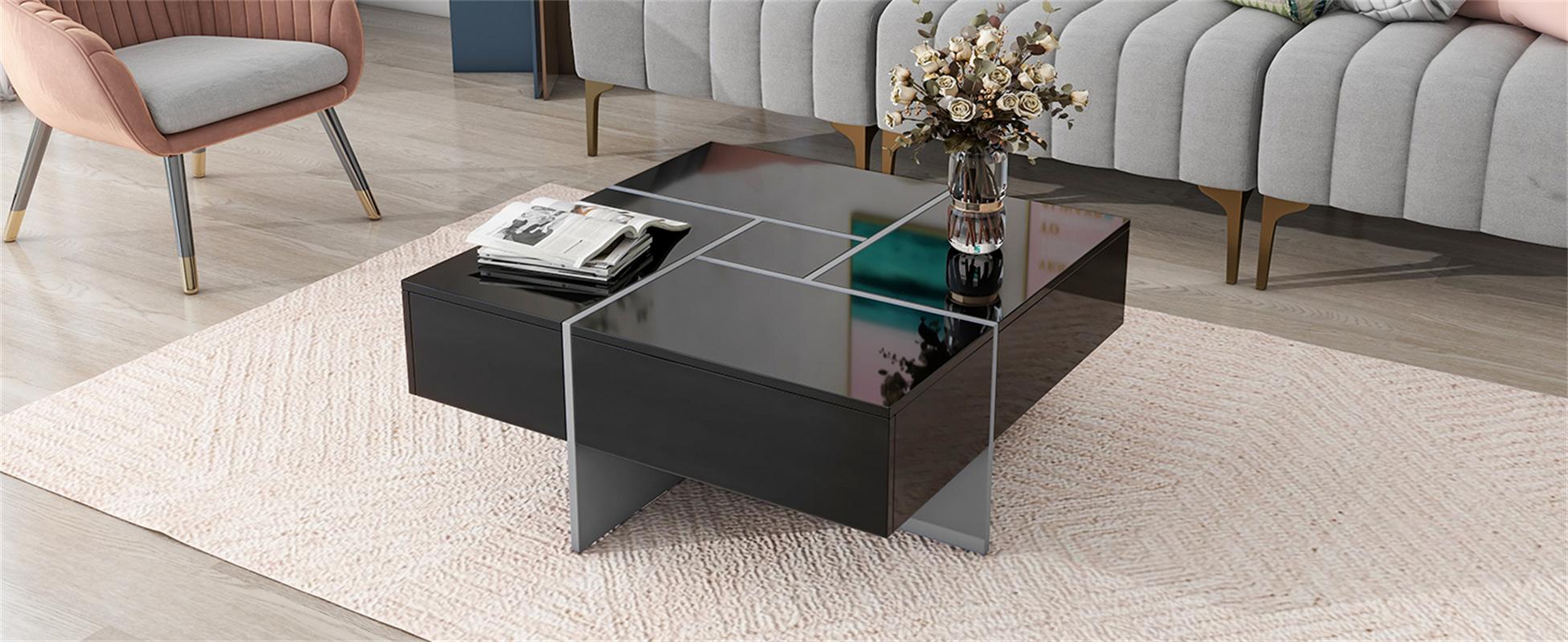 Coffee Table with 4 Hidden Storage Compartments, Square Cocktail Table with Extendable Sliding Tabletop, UV High-gloss Design Center Table for Living Room, 31.5"x 31.5"