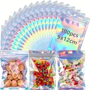 Holographic Reusable Zipper Bag 9x12cm, 100pcs, Rainbow Transparent, with Hang Hole, Waterproof Small Packaging Bag for Candy, Jewelry, Party Gifts