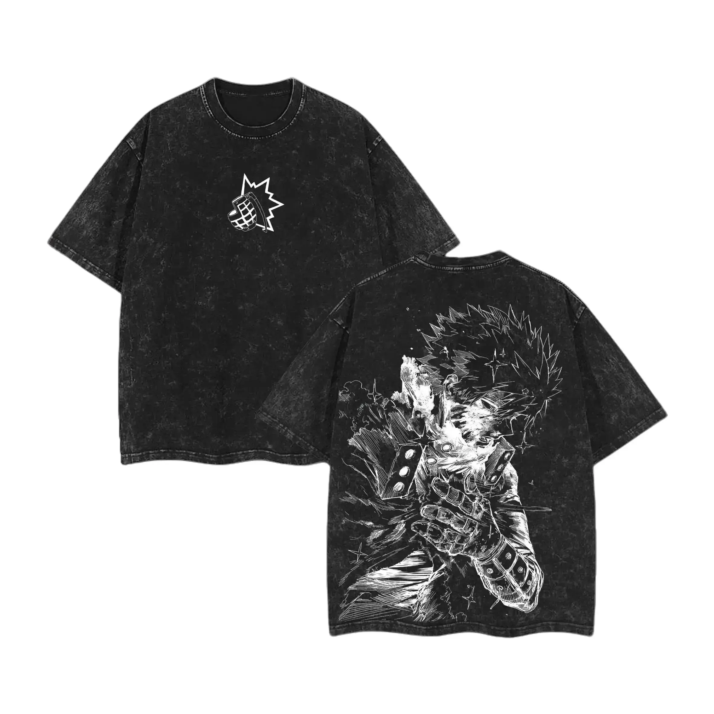 Anime Manga Fan Unisex T‑shirt, Black Acid‑Wash Bakugo Chest Logo Back Large Character Graphic Crewneck Tee, Comfort Short‑Sleeve Casual Top, Perfect For Otaku Friend Meetup, Pair with Canvas Crossbody Bag & Retro Sunglasses