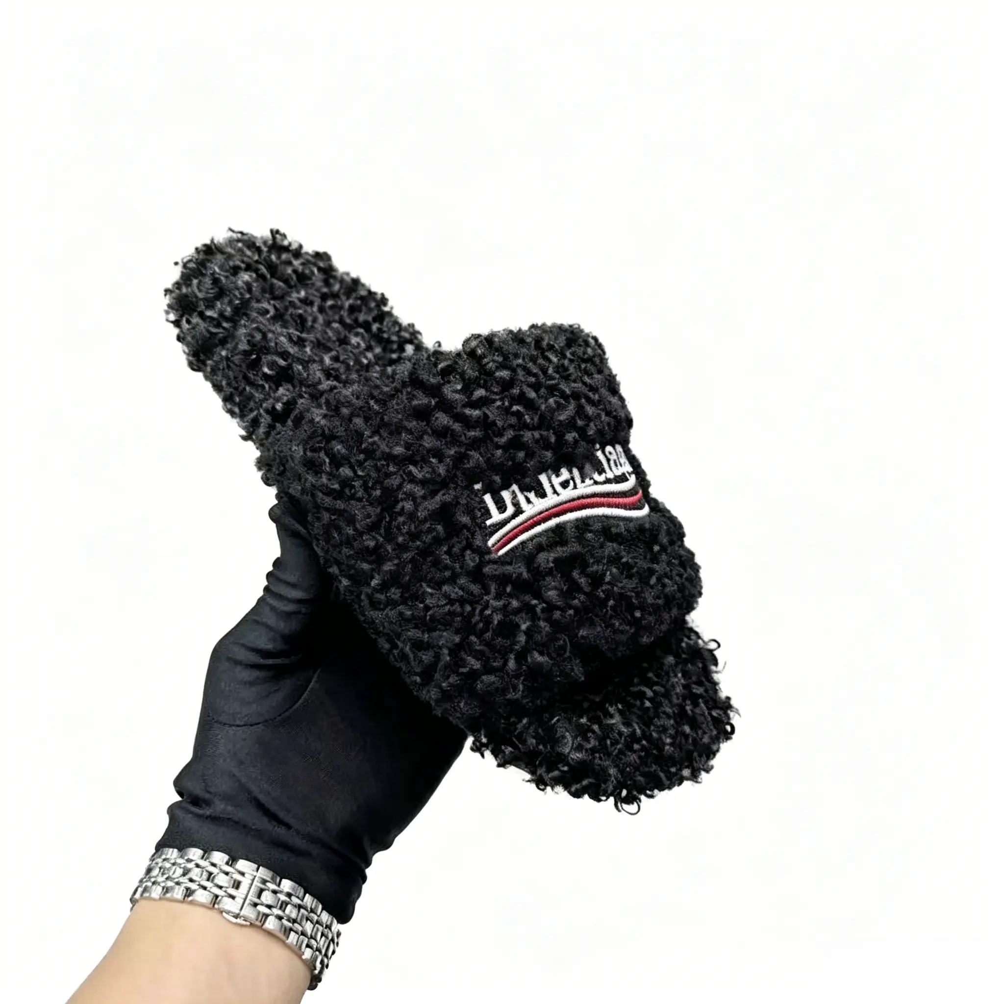 Women's Black Curly Faux Fur Slide Slippers, Embroidered Open Toe Fluffy Shearling House Slippers, Non-Slip Soft Warm Cozy Indoor Outdoor Plush Slippers for Fall Winter Women's Black Curly Faux Fur Slide Slippers, Embroidered Open Toe Fluff