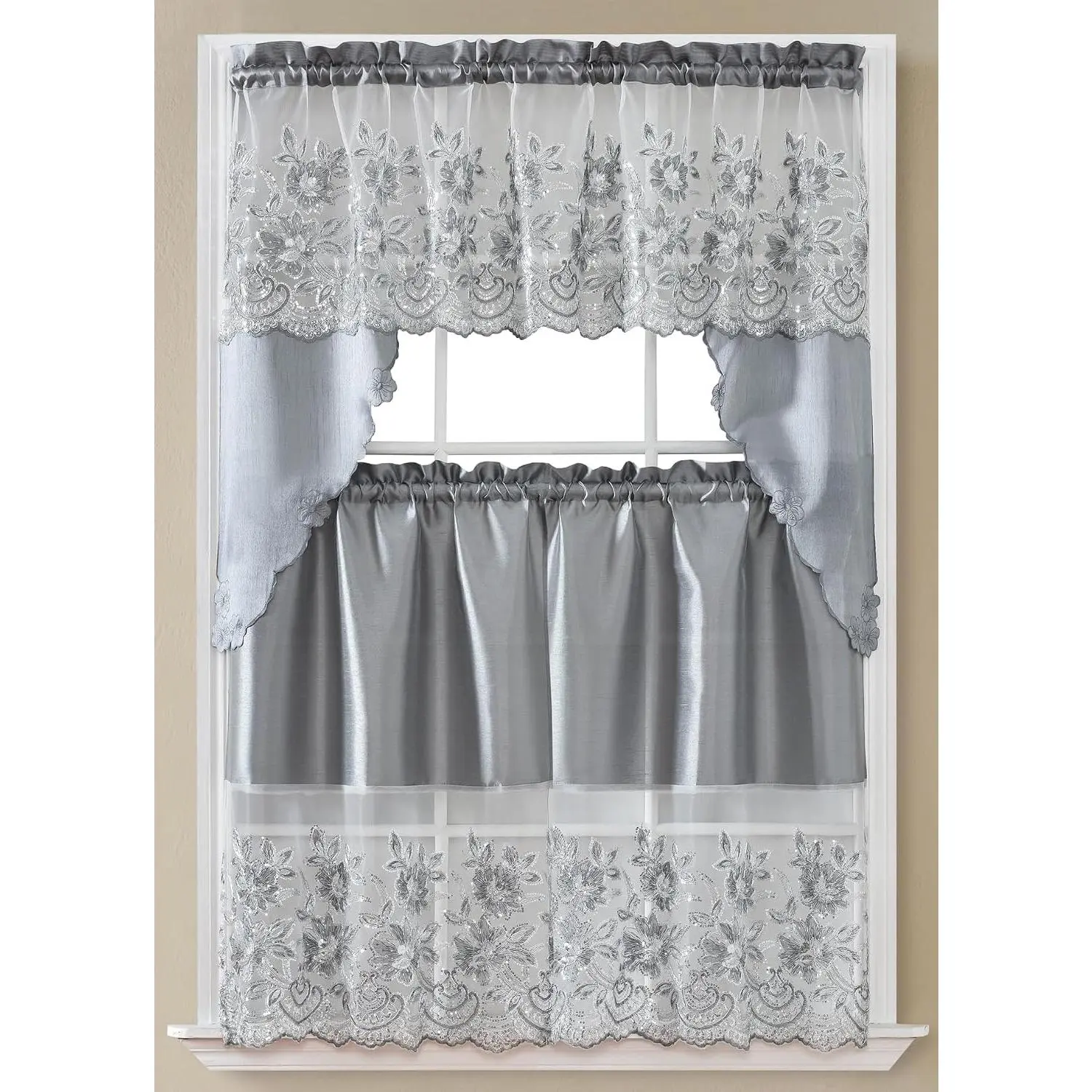 3 count Isabella  Kitchen Curtain and Valance Set – 1 Swag Valance and 2 Tiers (30"x36" Each), Valance (60"x36")