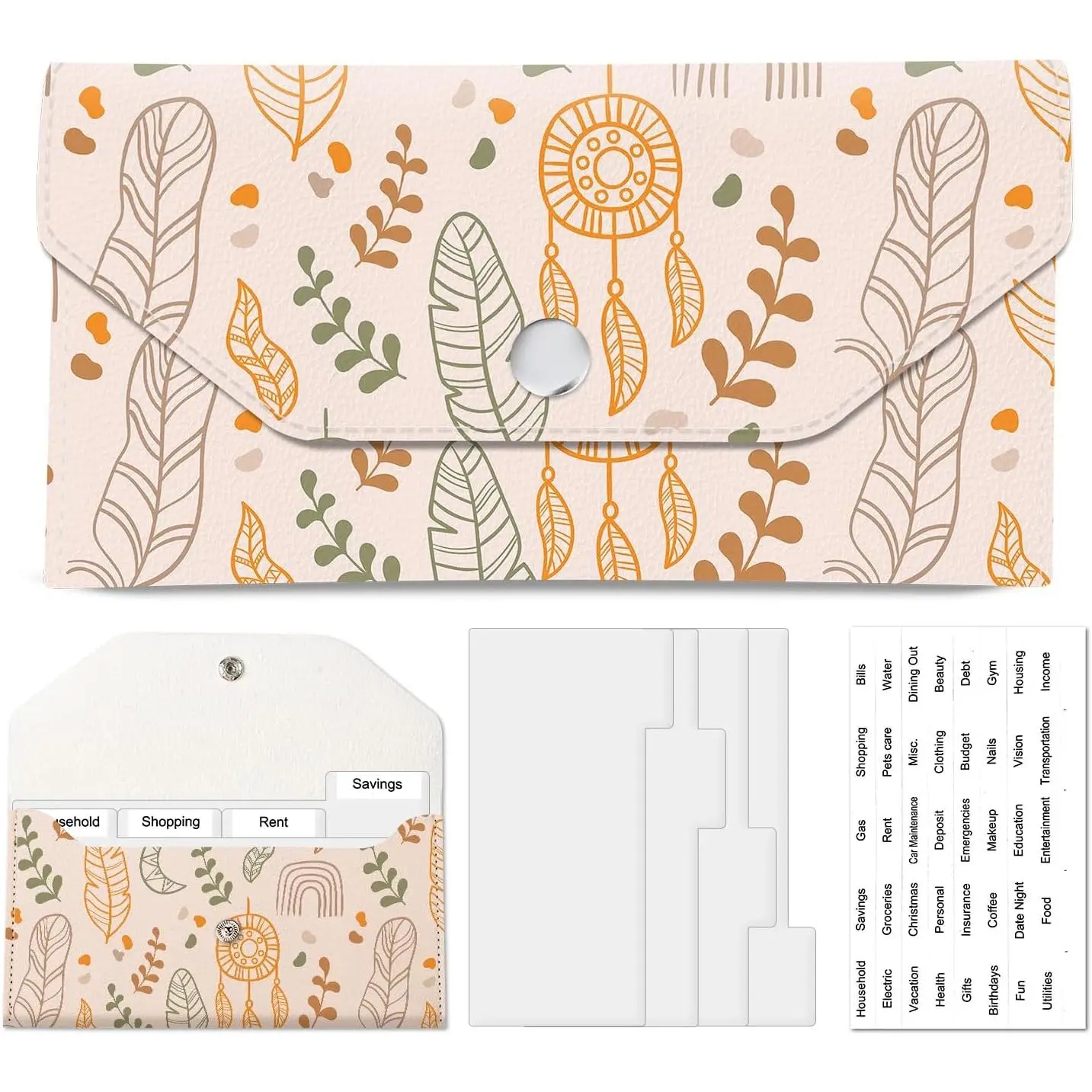 PU Leather  Envelopes Wallet,   Saving Wallet, Cute Budget Envelope with 4 Dividers & 1 Sheets Budget Labels Rainbow Cactus Floral