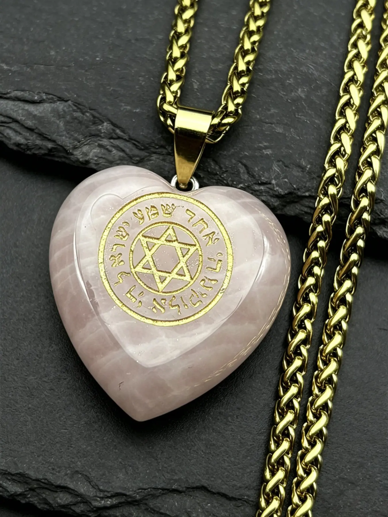 Pink Love Heart Crystal Hebrew Star of David Pendant Necklace for Women Men Stainless Steel Gold Color Jewish Chain Jewelry