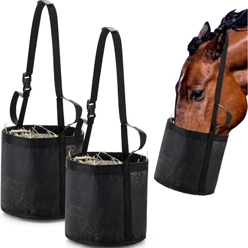 Horse hay feeding bag with adjustable neck for slow outdoor feeding. Convenient for cattle, sheep, and horses. Comfortable and breathable mesh heavy-duty feeding bag for horses. Large capacity feeding bag for equestrian supplies
