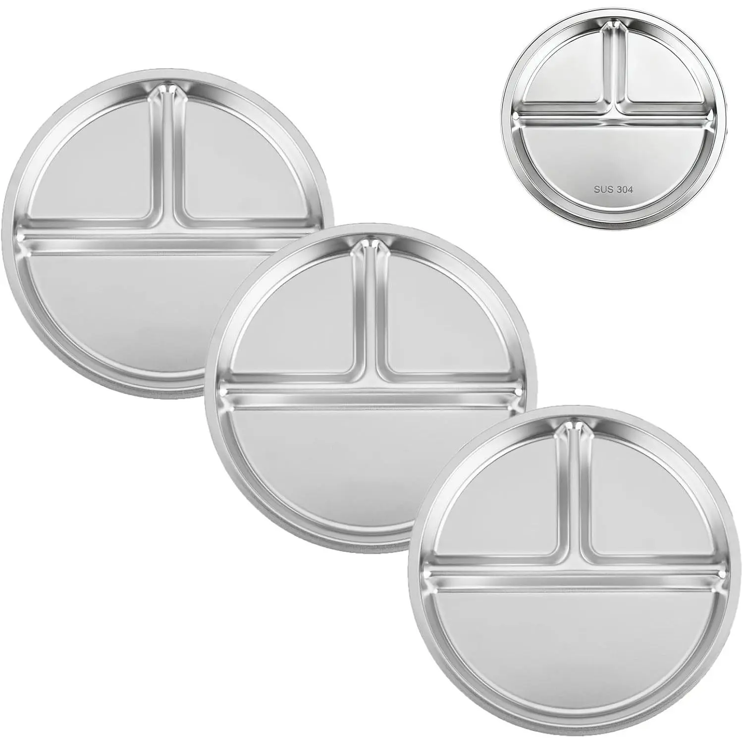 3 Pack Stainless Steel Divided Plates for Kids, 8.1” Portion Control Plates with 3 Compartments, Reusable Metal Dishes for Balanced Meals, Camping & Home Use (3, Silver)