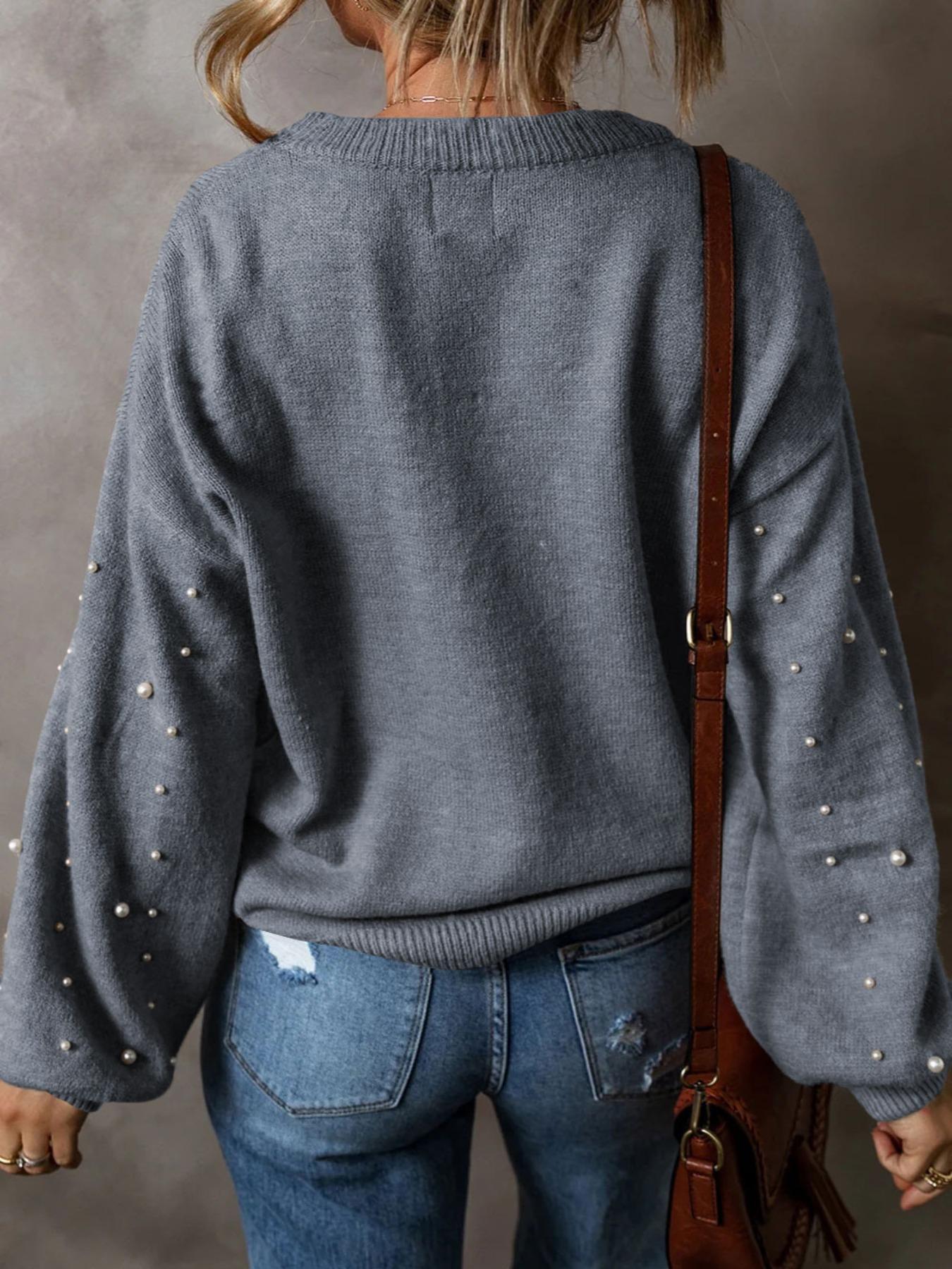 Women's Faux Pearl Decor Drop Shoulder Sweater, Casual Basic Aesthetic Chic Long Sleeve Round Neck Jumper for Fall & Winter, Fashion Ladies' Knitwear for Daily Wear, Fall Womenswear