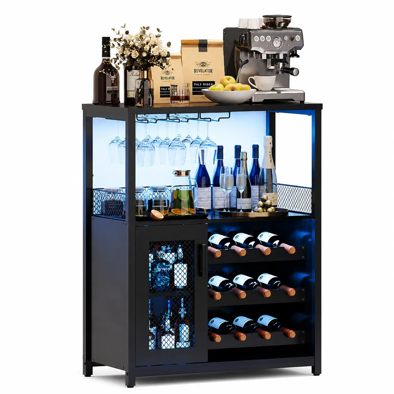 Garvee LED Rectangular Wine Bar Cabinet - 3-Tier Wine Rack, Glass Holder, Adjustable Shelves, Mesh Door Storage, Sturdy Base, Freestanding Buffet Sideboard for Dining Room, Living Room, Led Lights,familyfun