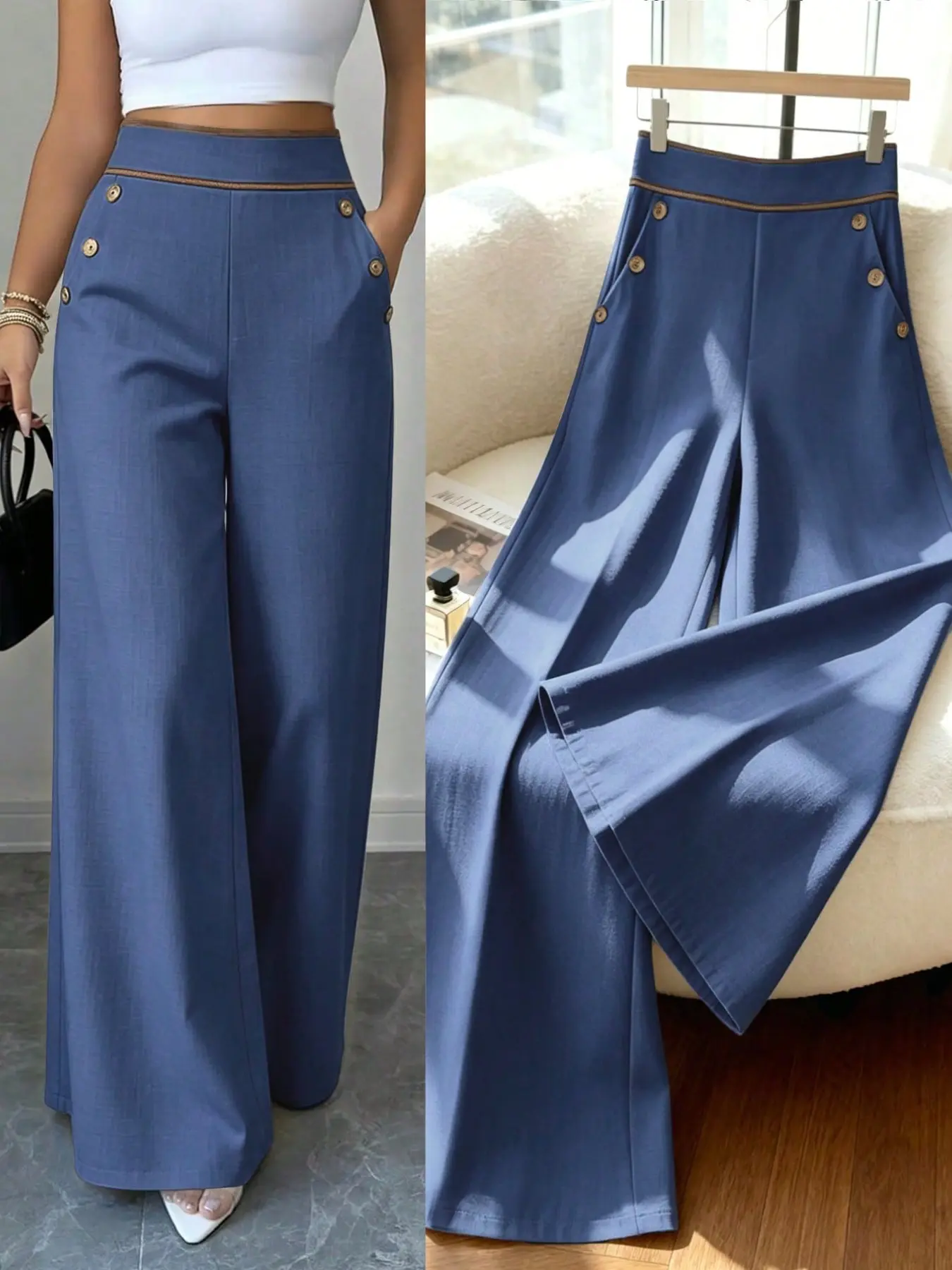 High-Waisted Colorblock Wide Leg Suit Pants, European Style Office Wear, Loose Fit Straight Leg, Women's Business Casual Long Pants Bottoms