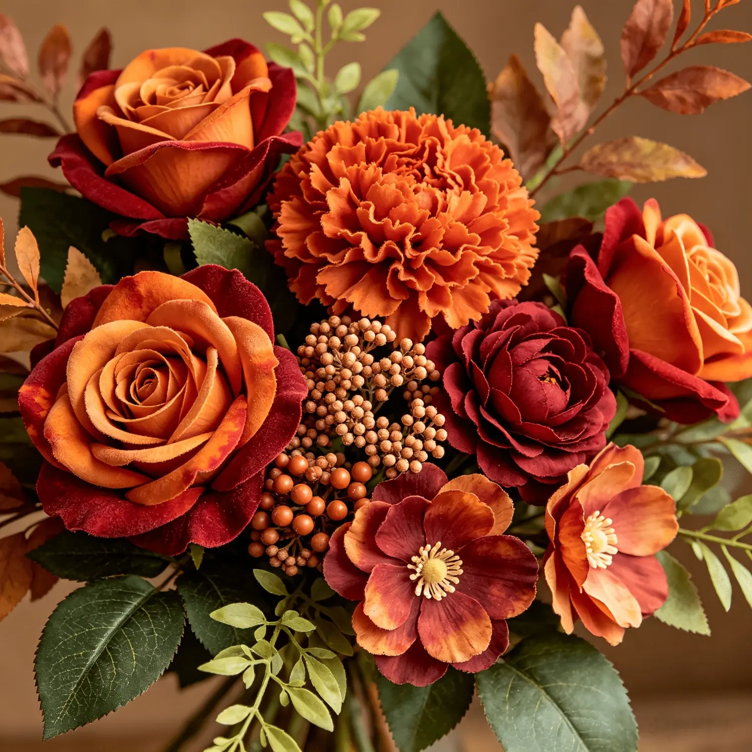 2 Mixed Bouquets + 4 Eucalyptus Leaves, Featuring Roses, Double-Petaled Flowers, Light Brown Berry Tassels, Perfect for Home Decor, Holiday Decorations, Fall Artificial Flower, Faux Plants