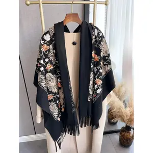 Boho Floral Embroidered Shawl, Women's Soft Cotton Scarf with Tassels - Warm Casual Wrap for Fall & Winter, Tencel