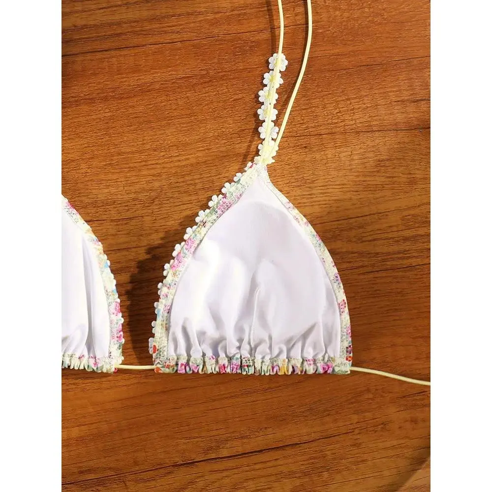 ZRTAK Triangle Lace Bikini Set Sexy Women's Swimwear 2025 Bikinis 3D Floral Print Swimsuit Micro Thong Bandage Bathing Suits