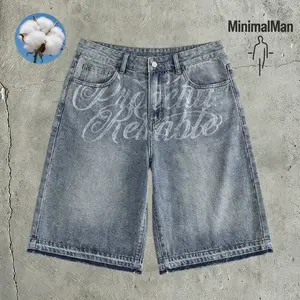 MinimalMan Men's High Cotton Vintage Washed Denim Shorts, Letter Print Loose Wide Leg Raw Hem Knee Length Jean Shorts for Hip Hop Streetwear Casual Summer Outfits