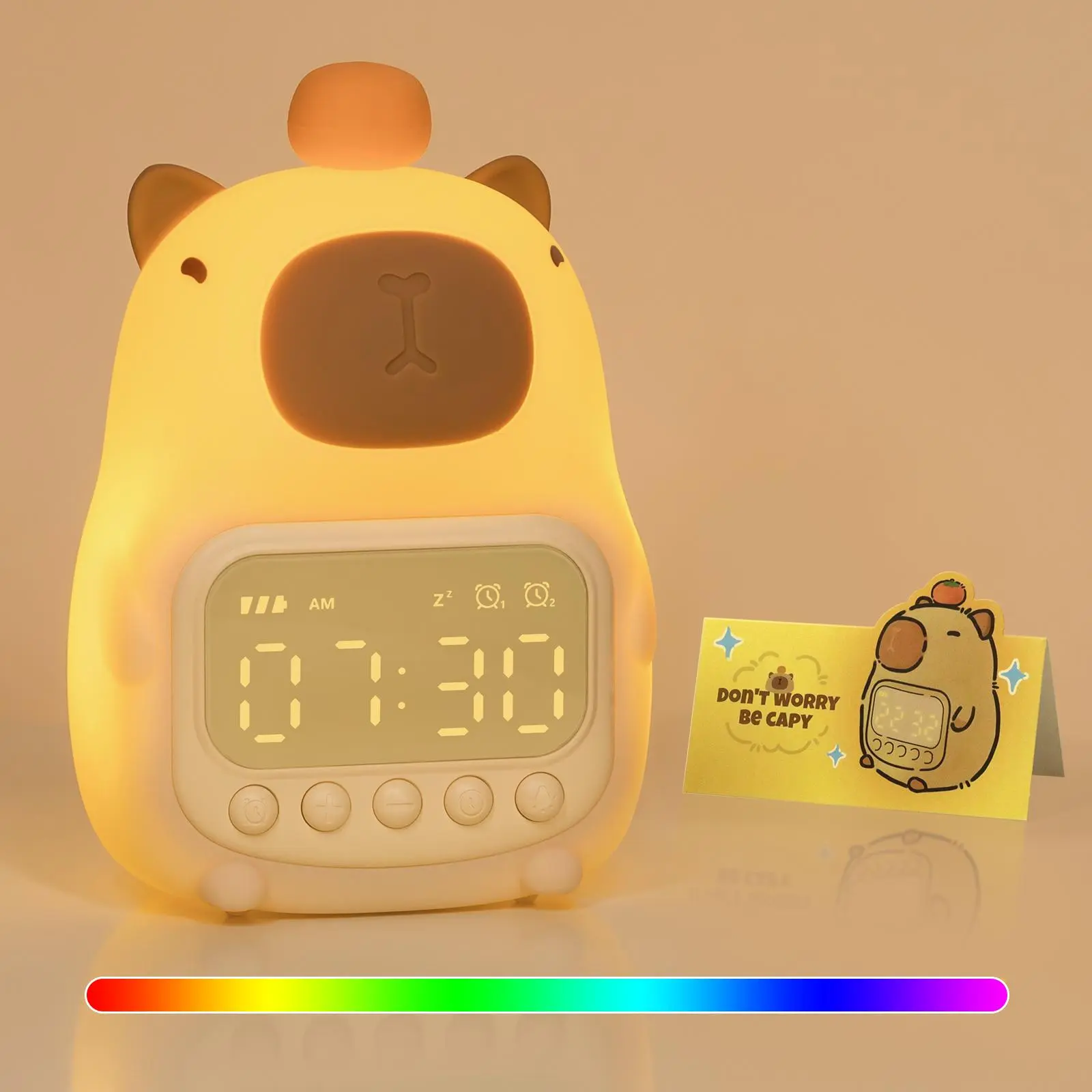 Capybara Animal Theme Irregular Night Light Alarm Clock for Kids - 7-Color Silicone Touch Lamp, Dual Alarms, 5 Ringtones, Snooze, Rechargeable Bedroom Bedside Device, Ideal Birthday & Holiday Gift, Ethiopian Calendar Function