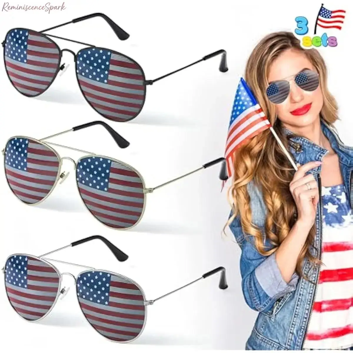 Lightweight Durable 3-Pack Patriotic Flag Outdoor Sports Sunglasses - Plastic Multi-Color Frame, UV400 Lens Eye Protection, Unisex Eyewear for Holiday Parades, Backyard BBQs, Lightweight Durable Sunglasses, Outdoor Fashion Sunglasses