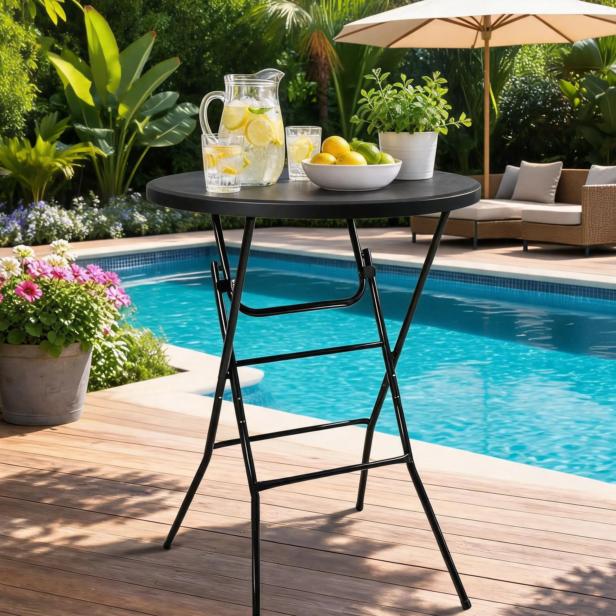 Folding Cocktail Table 31.5 Inch Round High Top Bar Table with HDPE Top for Party Wedding Events Portable Space Saving Design