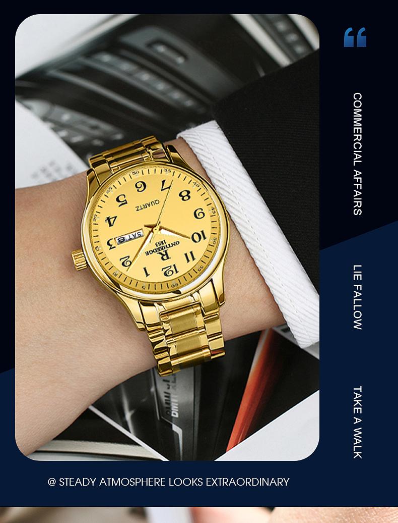 His & Hers Luxury Gold Quartz Watch Set for Senior Couples - Easy Read Large Dial, Day Date Display, Stainless Steel Band, Comfortable Casual Wristwatch, Perfect Retirement Anniversary Gift for Parents