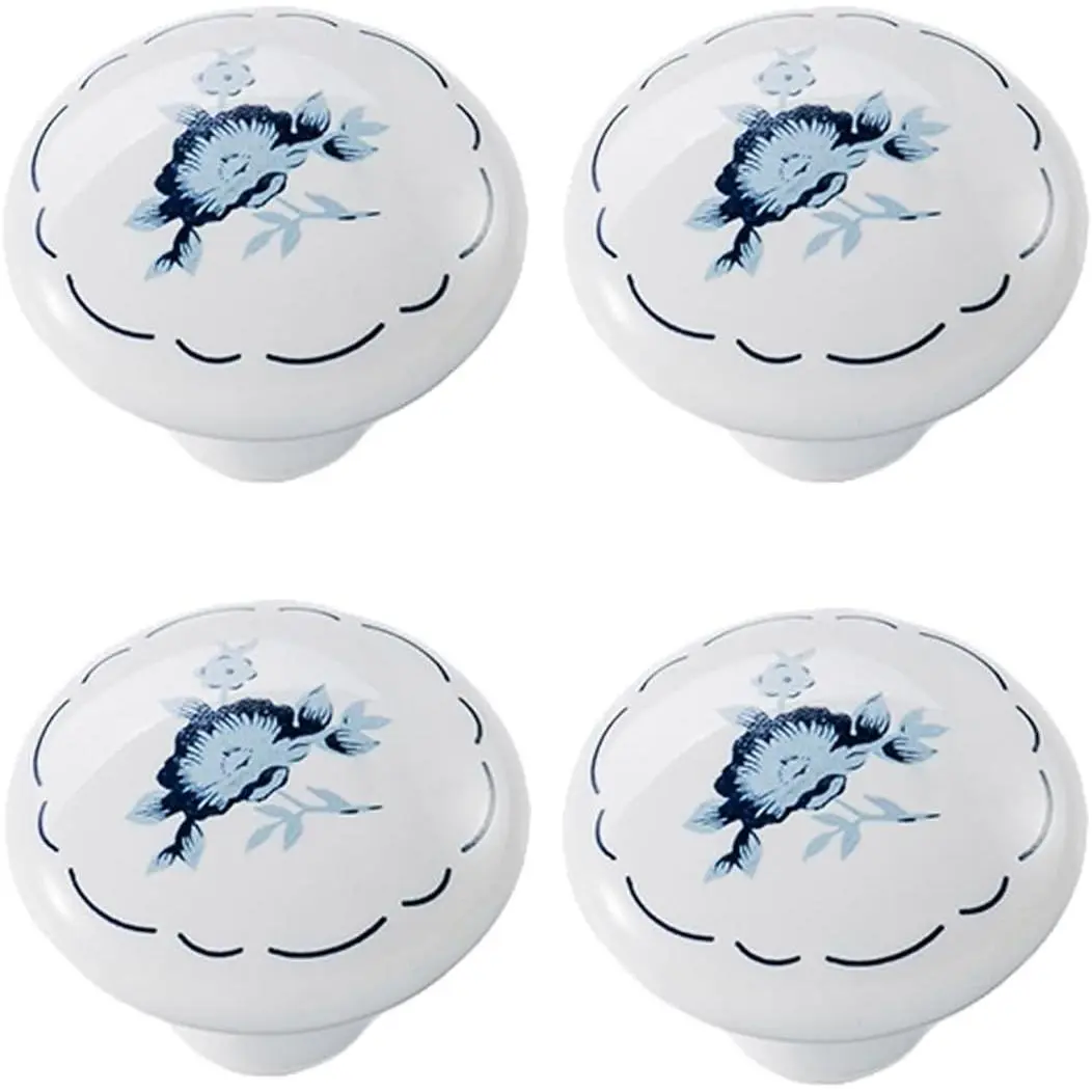 Ceramic Hand Painted Drawer Knobs, [4 Pack]  Orchid Flower Round Cabinet Knobs and Pulls, Kitchen Furniture Knobs for Dresser/Cupboard/Wardrobe/Closet (Blue, 4 count)