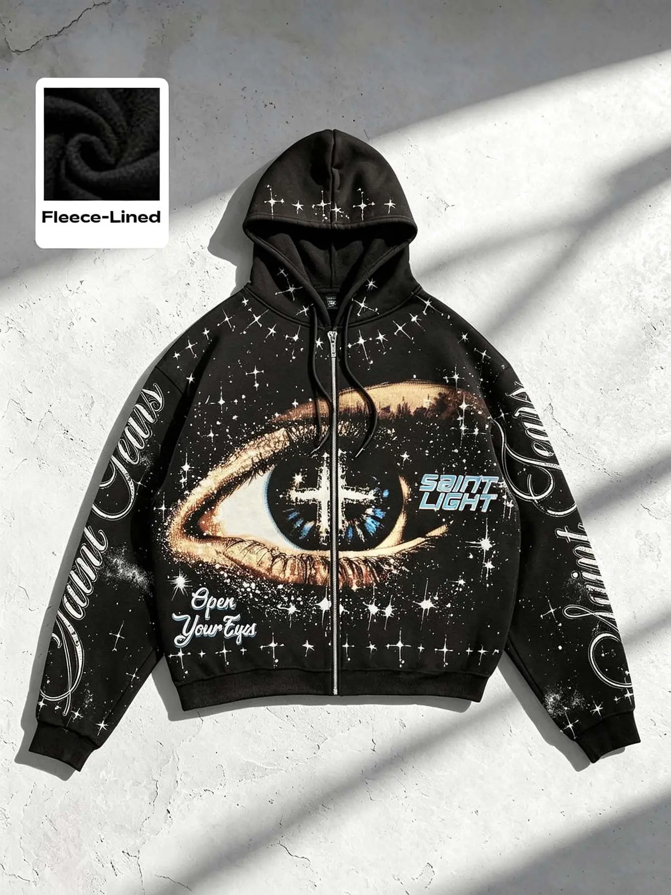 Men's Vintage Starry Night Cross Print Hoodie, Long Sleeve Loose Fit, Warm Fleece Lining, Y2K Street Style, Fall & Winter Fashion