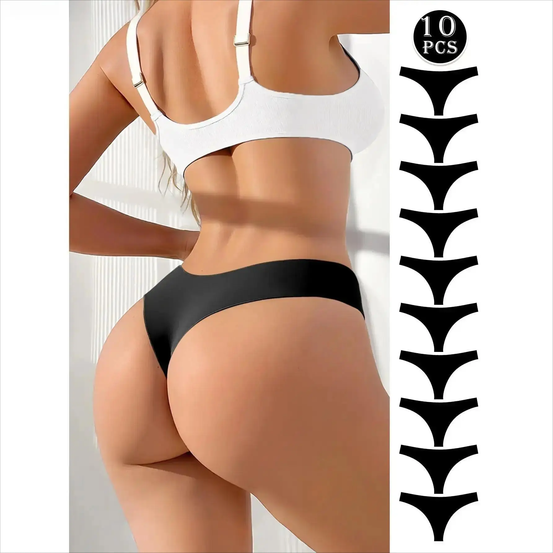 Thong Underwear for Women 10-Pack, Solid Black Seamless Panties, Soft and Breathable for All-Seasons Daily Wear