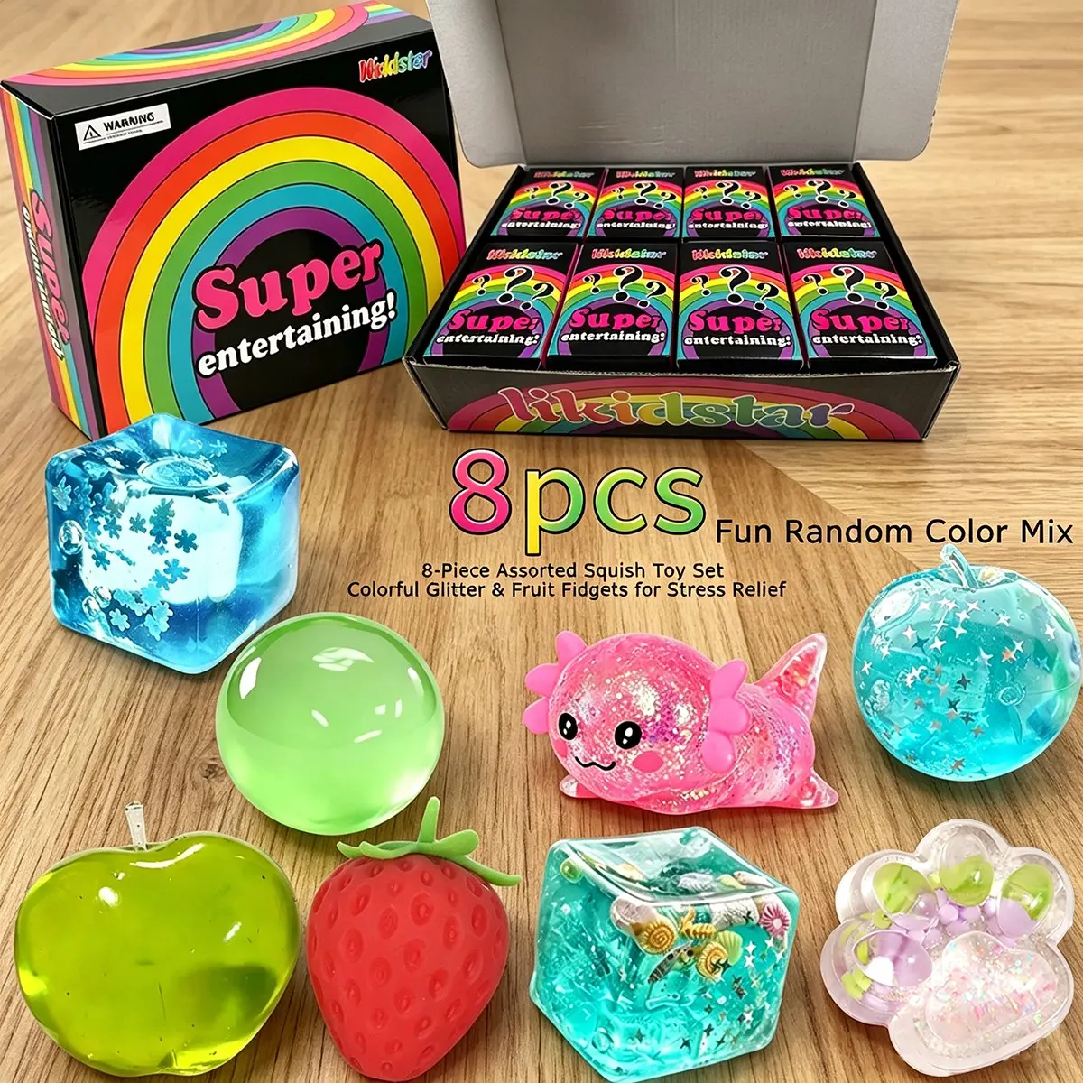 8 Pack Assorted Glitter & Fruit Squeeze Toys , Each one comes in a separate box，Multi-Style Sensory Fidget Stress Balls, Random Color Anxiety Relief Toys, Perfect Party & Holiday Gifts