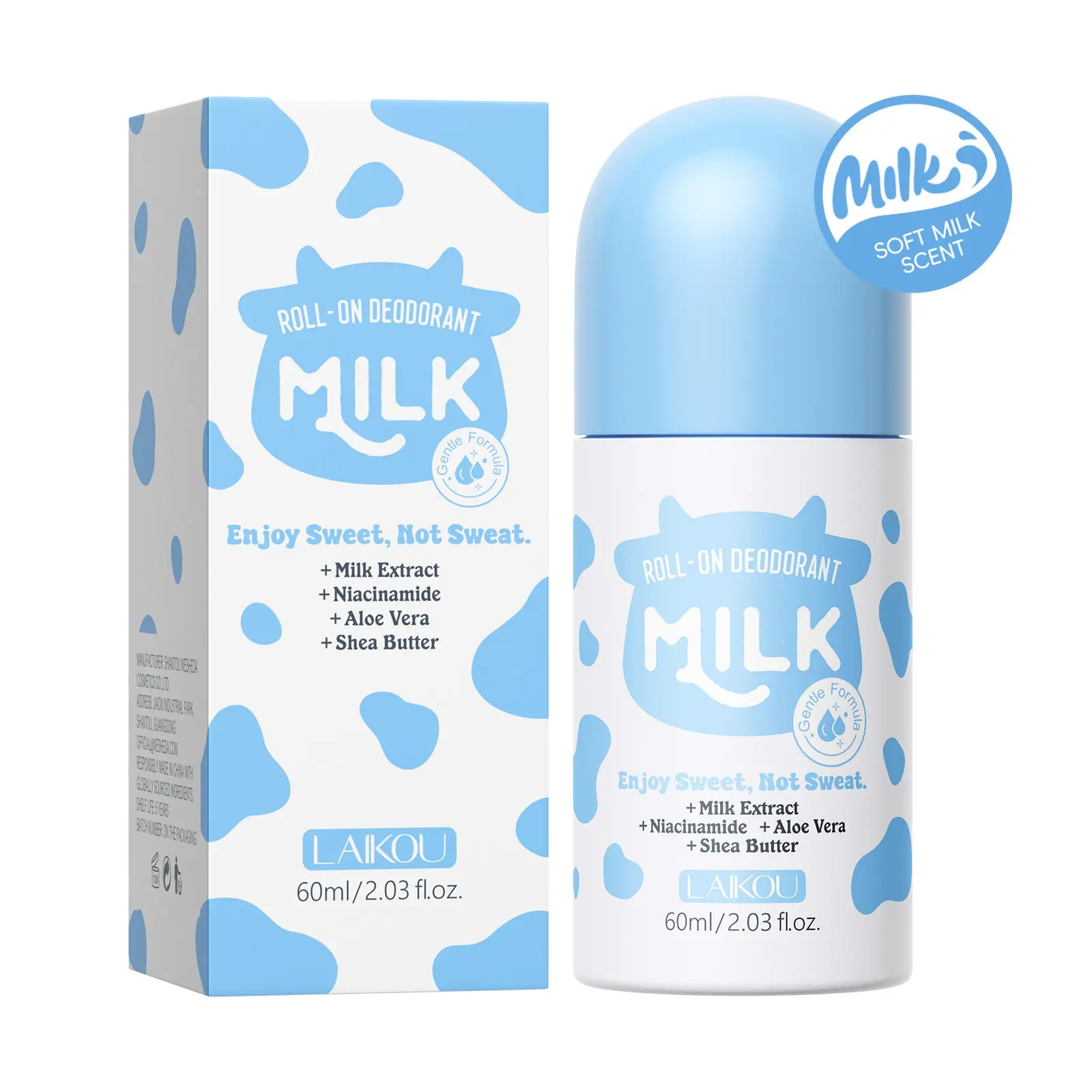 LAIKOU Milk Body Deodorant Roll On, Body Deodorizer, Non-Sticky & Lightweight Underarm Care for Active Sports & Gym, Moisturizing Formula with Aloe Vera & Pro-Vitamin B5, Fresh All Day Comfort