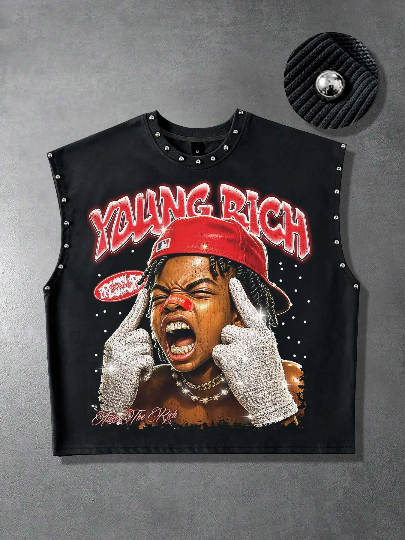YOUNG RICH Red Hat Rap Portrait Rhinestone Gloves with Gold Teeth, Pearl Chain, and Sparkling Glitter Print; Men's Sleeveless Vest; Men's Loose Crew Neck Casual Top; Unisex Style; Everyday Street & High Street Fashion Trendy Outfit