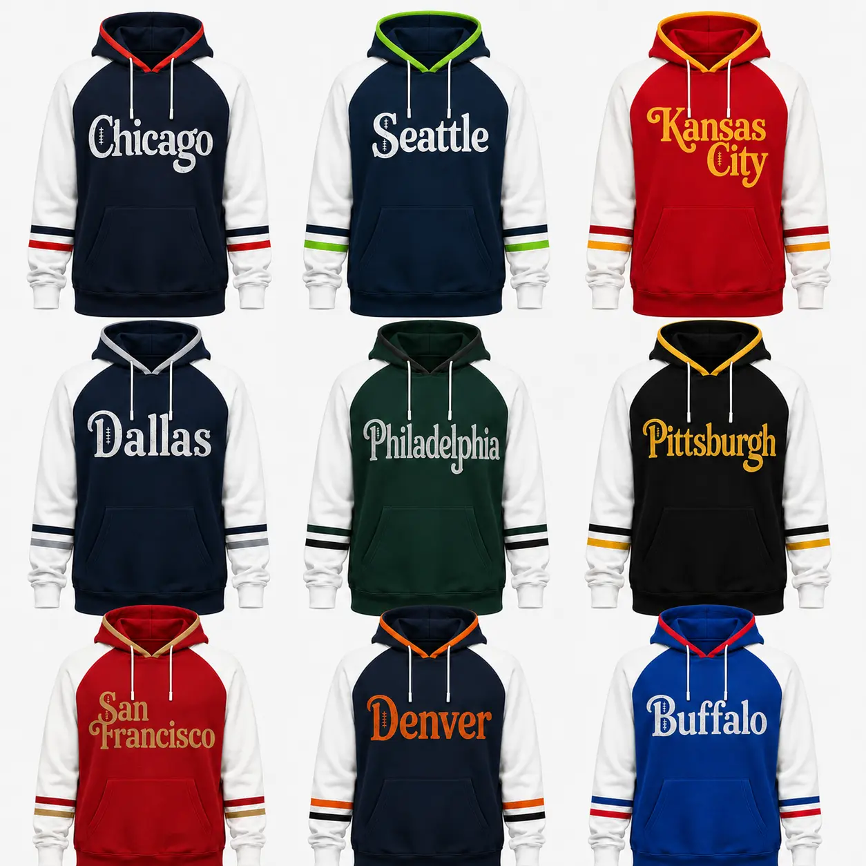 Vintage City Football Retro Raglan Hoodie, Classic Distressed Letter Print Color Block Pullover Hooded Sweatshirt For Men Casual Long Sleeve Streetwear Tops