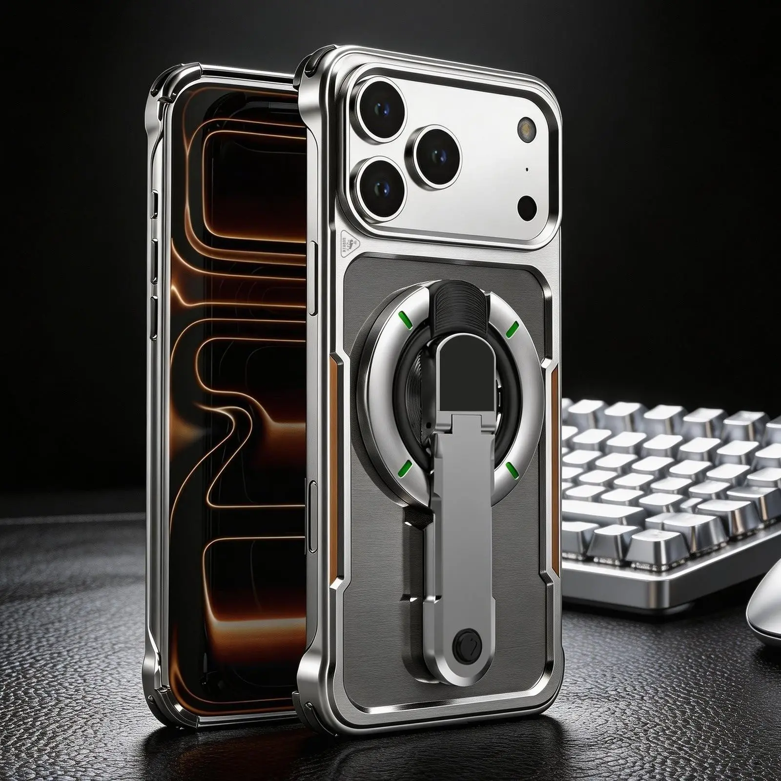 iPhone 17 Pro Max Metal Bumper Protective Case, Aluminum Alloy Ultra-Thin Quick Cooling Design, Includes Screen Protector and Magnetic 360° Rotating Stand Cover