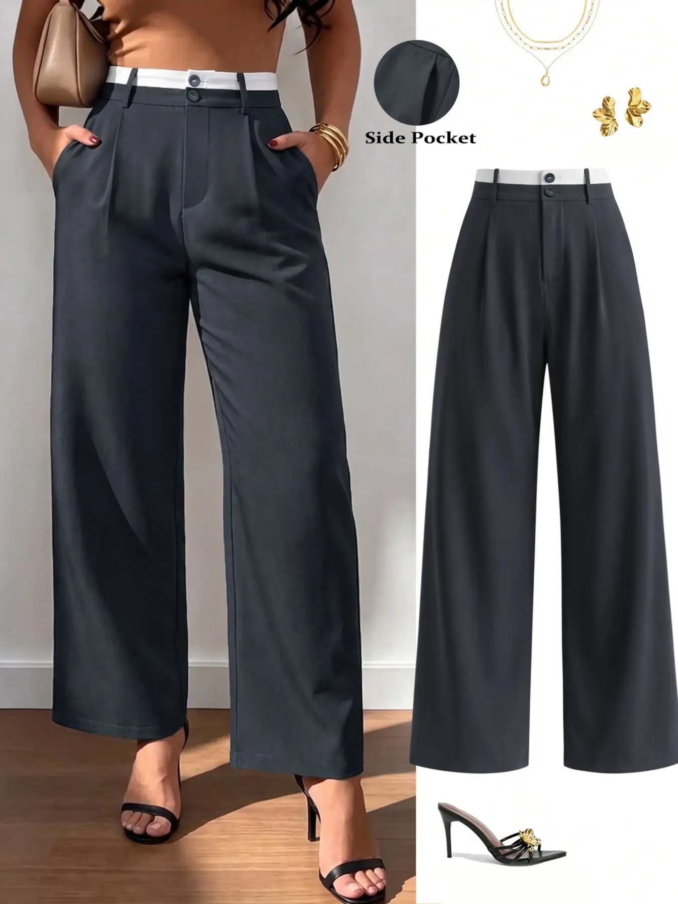 Plus Size Women’s High Rise Straight Leg Pants with Contrast Waist Design, Chic Office Trousers with Side Pockets, Elegant Business Casual Pants for Work, Weekend and Everyday Style