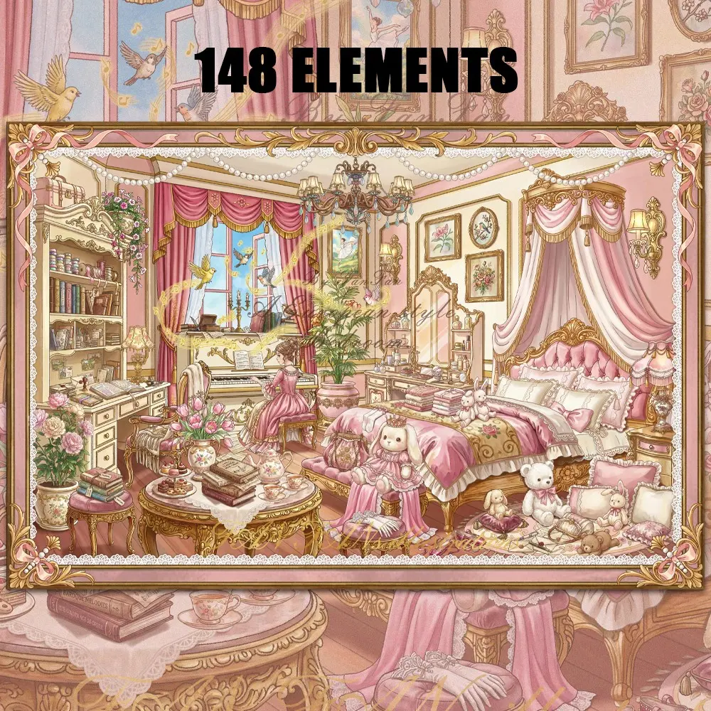 Princess Dream Room Sticker Scenery Set, 148 Elements Dollhouse Decals, Decorative Decal, Magical European-Style Bedroom, DIY Craft Scenes Stickers, Aesthetic Stickers, Sticker Collage Pack