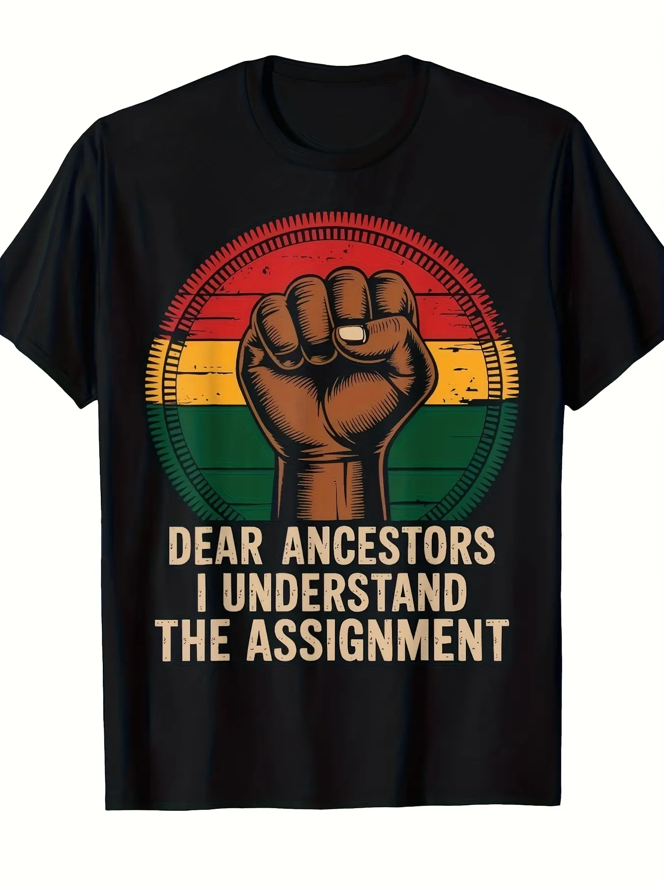 Men'S Retro Raised Fist Graphic T Shirt Dear Ancestors I Understand The Assignment Slogan Tee Casual Short Sleeve Shirt with Statement Print Comfortable Casual Attire for all Season CasualInteresting graphic T-shirt series, Plus Size