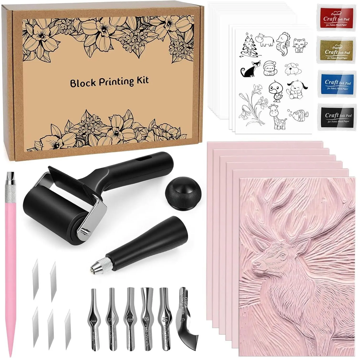 47 Pcs Block Printing Linocut Kit DIY Printmaking & Craft Projects | Rubber Stamp Making Set with Rubber Blocks,Carving Tools,Brayer & Ink,Complete Stamp Cutter Set for Beginners, Adults, Women