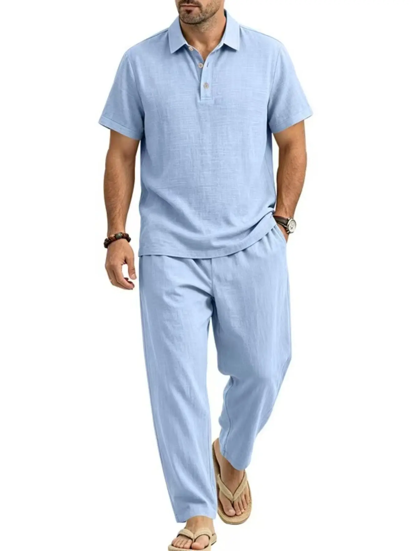 Men's Linen Casual Breathable Loose Fit Short Sleeve Polo Shirt and Pants Set, Plain Color, All Seasons, Wholesale