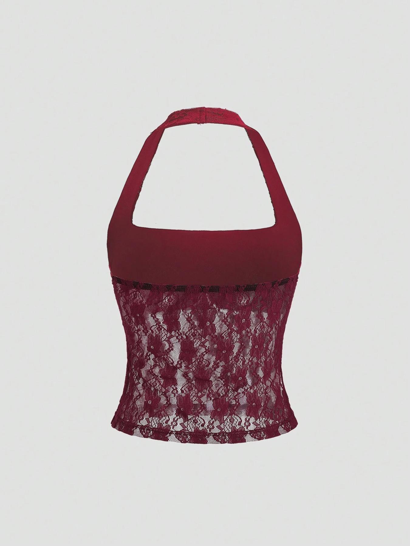 Women's Plain Floral Lace Halter Neck Top, Elegant Sleeveless Top for Party Vacation, Ladies Clothes for Summer, Casual Sleeveless Cami, Womenswear