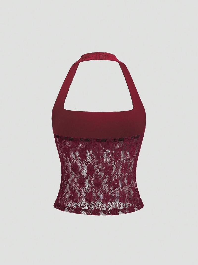 Valentine's Day Women's Plain Floral Lace Halter Neck Top, Elegant Sleeveless Top for Party Holiday Vacation, Ladies Clothes for Summer, Womenswear