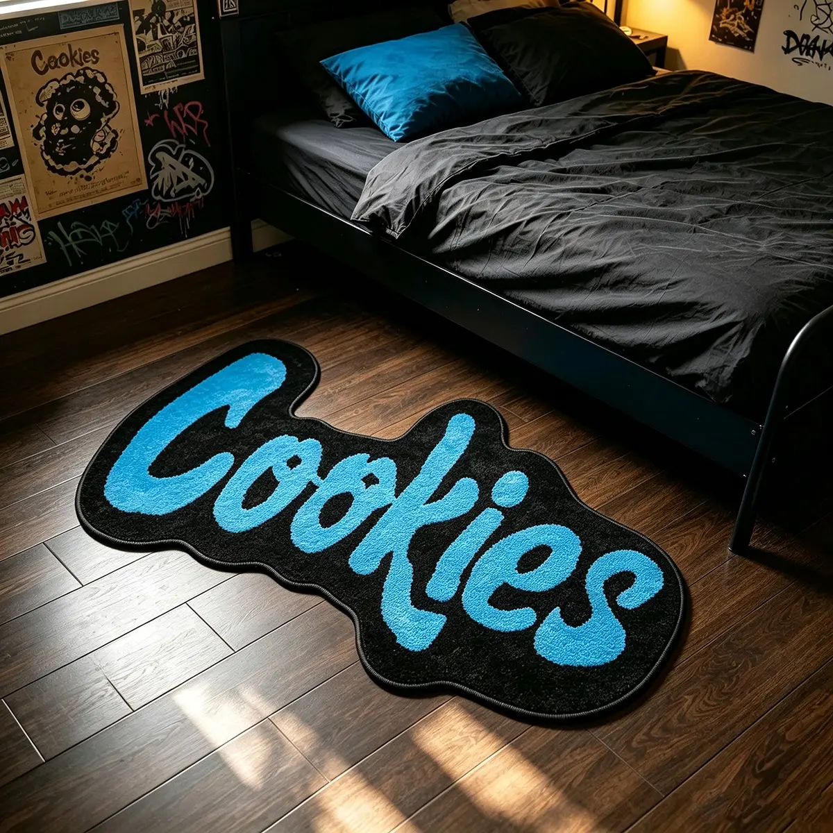 Creative Irregular Shape Wave Edge Cookies Graffiti Text Rug, Soft Easy Clean Plush Carpet, Home Decor for Living Room Bedroom