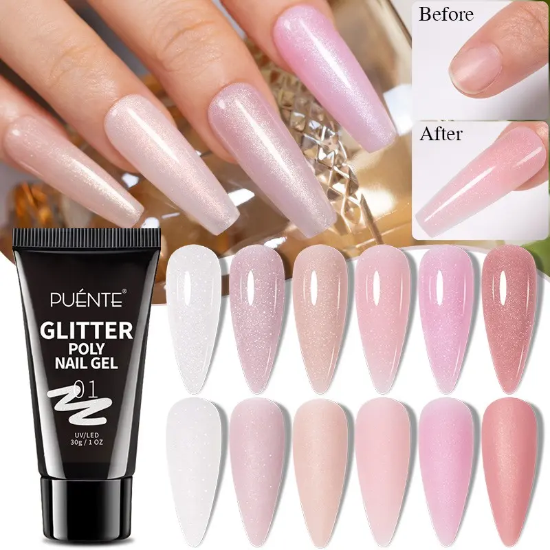 PUENTE 30g Glitter Poly Nail Gel, Nude Pink Glitter Acrylic Gel Finger Extension Semi Permanent Fast Builder Gel Nail Polish, Hypoallergenic, Soak Off, UV LED Lamp Cured, Home Salon Use
