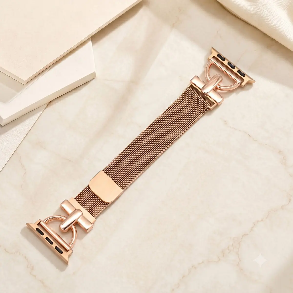 Luxury Milanese Loop Apple Watch Band, Stainless Steel Braided Breathable Strap, Adjustable Fashion Accessory, Fits Multiple Models, Champagne Rose Gold
