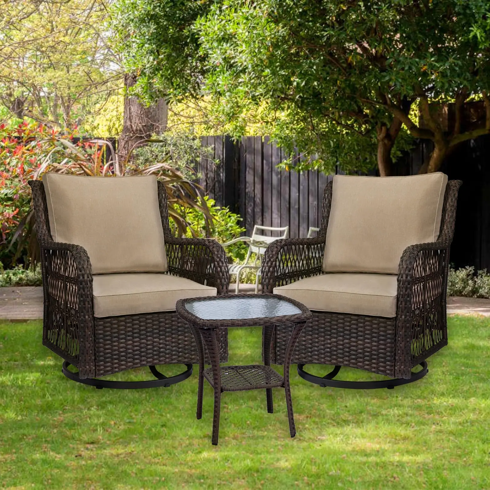 GARVEE Outdoor Wicker Furniture Set - 3 Beige Swivel Chairs with Thick Cushions, Auxiliary Table (Set Includes Table, 2 Seats) for Balcony, Backyard, Two Seats
