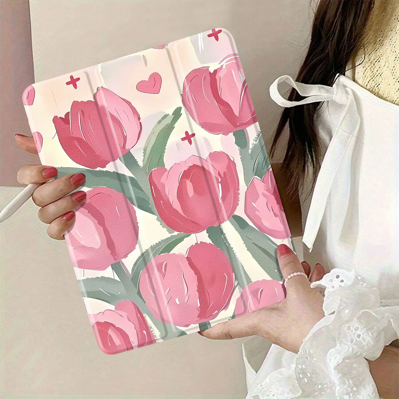 Floral Pink Tulip-Hearts Pattern Fabric for Tablet Cover Crafting, Upholstery Projects, Gift Wrapping