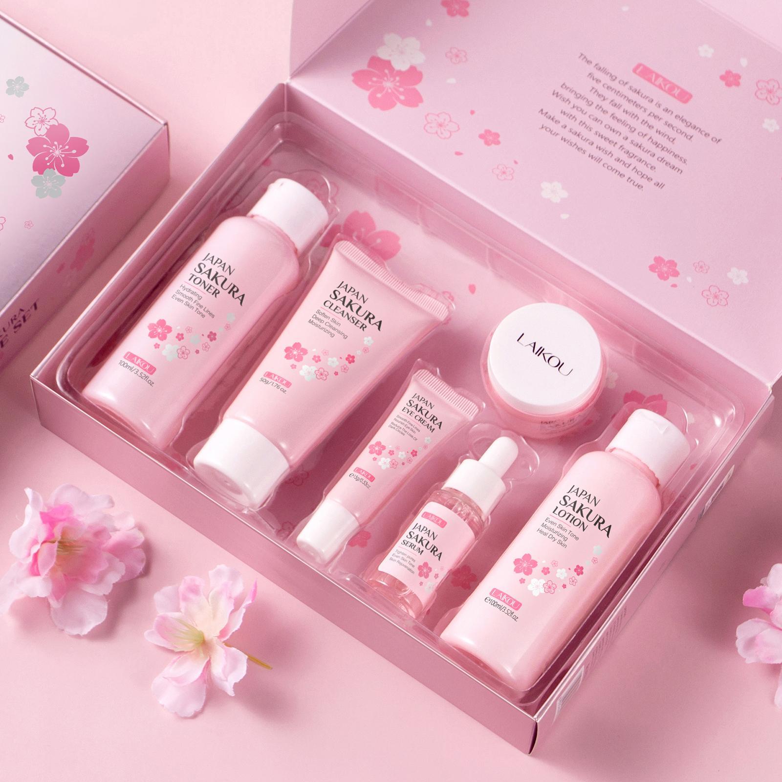 Sakura Facial Skincare Kit, 1 Count Moisturizing Sakura Essence Serum & 1 Count Brightening Sakura Eye Cream & 1 Count Soothing Sakura Face Cream, Hydrating Skincare Kit for Women, Hydrate