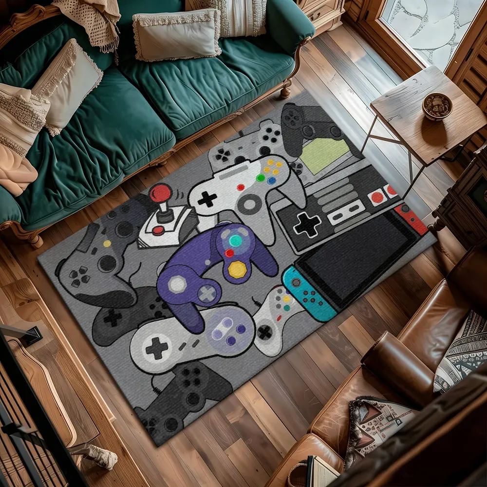 Multi Generation Game Controller Collage Crystal Velvet E-Sports Anti Slip Area Rug #GameControllerCollageRug #RetroEsportsMat #CrystalVelvetCarpet #GamingRoomFloorDecorMat