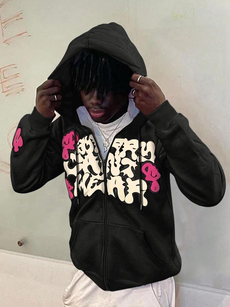 Men's Regular Fit Graphic Print Drop Shoulder Zip Up Hoodie, Fashion Casual Drawstring Pocket Plush Lined Hooded Sweatshirt for Daily Holiday Outdoor Wear, Men Clothes for Fall & Winter, Hooded Zipper Hoodie