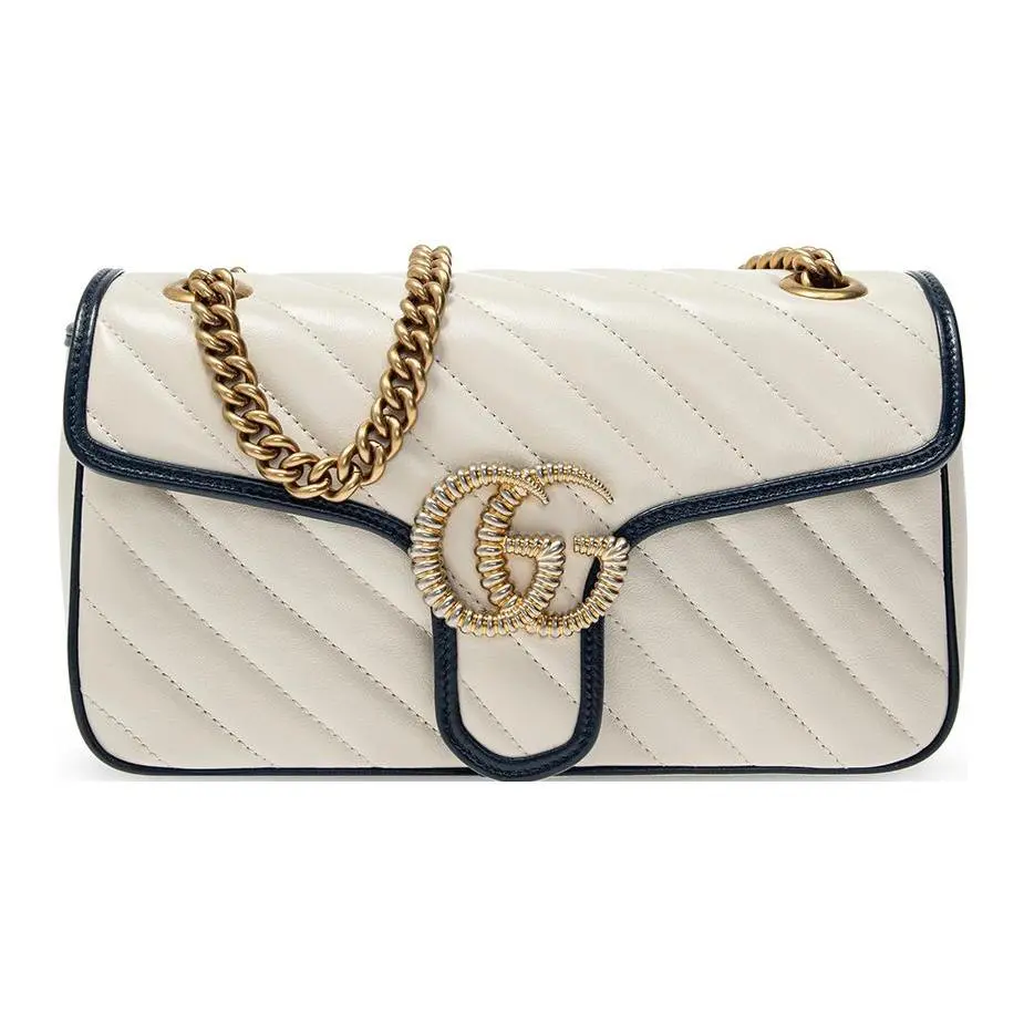 Gucci GG Marmont Distressed Logo Crossbody Bag for Women – Quilted Leather with White and Blue Color-Blocked Trim